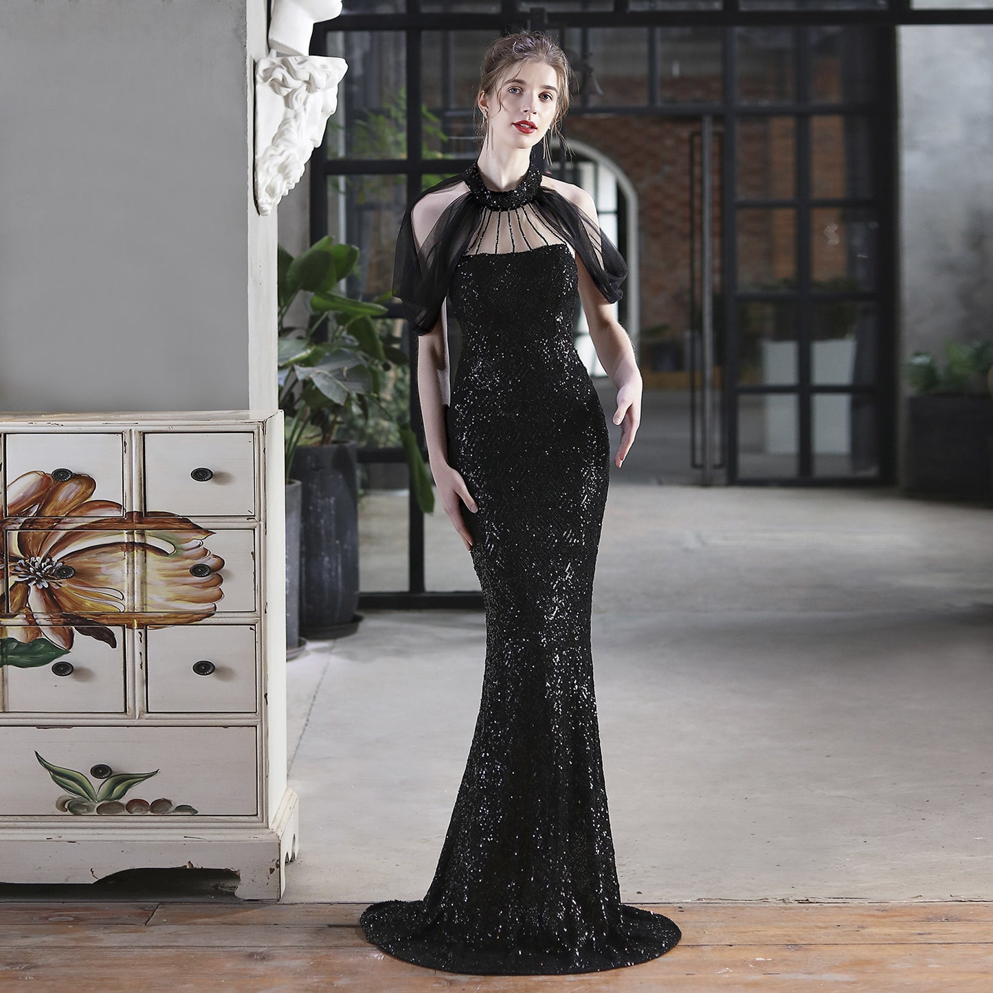 Sequin Gown with Sheer Cape | Sparkling Maxi Fishtail Dress | noémi