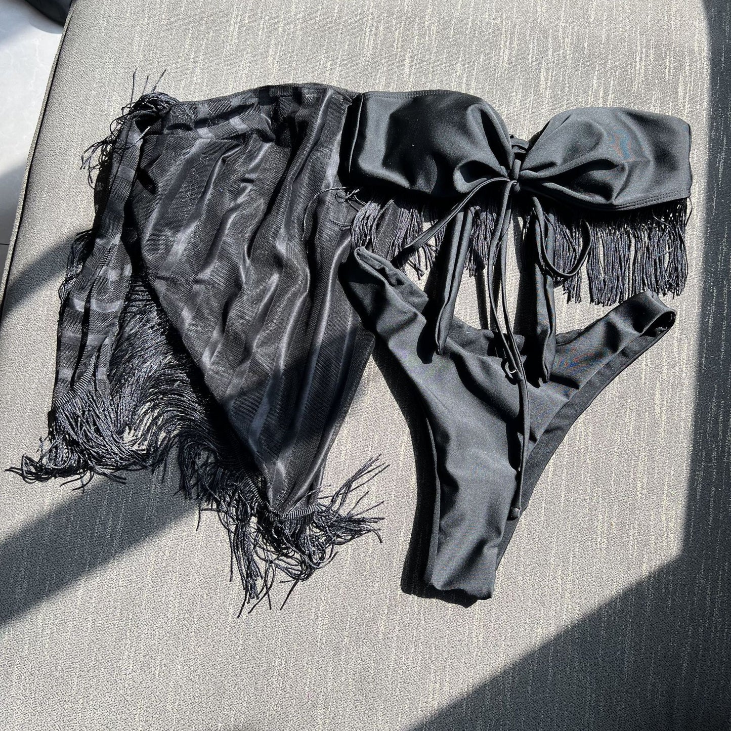 Tassel Detail Bandeau Mesh Three Piece Bikini Set | noémi