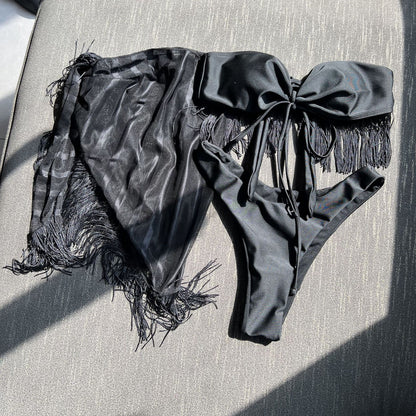 Tassel Detail Bandeau Mesh Three Piece Bikini Set | noémi