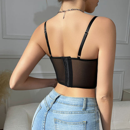 Black Studded Mesh Corset Top | Bustier Crop Top with Rhinestone Detail & Adjustable Straps | noémi