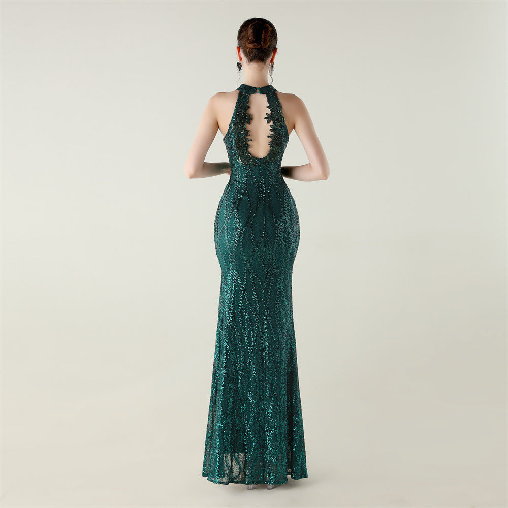 Womens Beaded Sequin Mesh Dress | Strapless Fishtail Maxi Dress | noémi