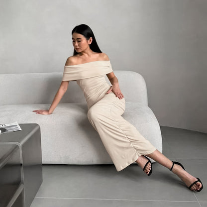 Women Off Shoulder Tube Top Long Slim Fit Dress with Warm Dralon Fabric | noémi