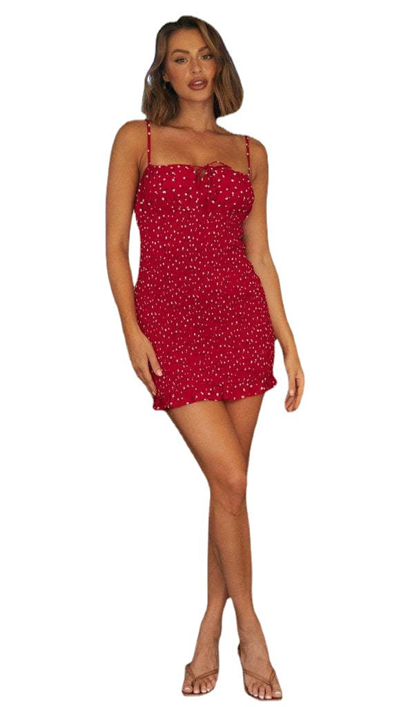 Red Floral Smocked Mini Dress | Lace Up Back, Slim Fit, Adjustable Straps | noémi
