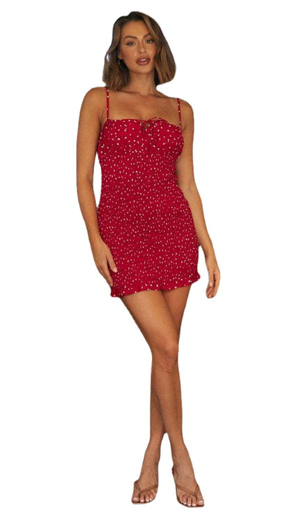 Red Floral Smocked Mini Dress | Lace Up Back, Slim Fit, Adjustable Straps | noémi