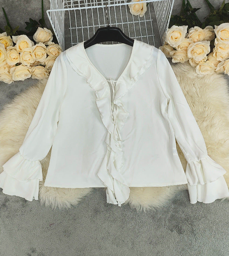 V Neck Flounce Chiffon Shirt for Women | Bell Sleeve Loose Top | noémi