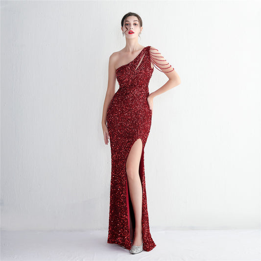 Sequin Fishtail Gown with Beaded Shoulder | One Shoulder Dress | noémi