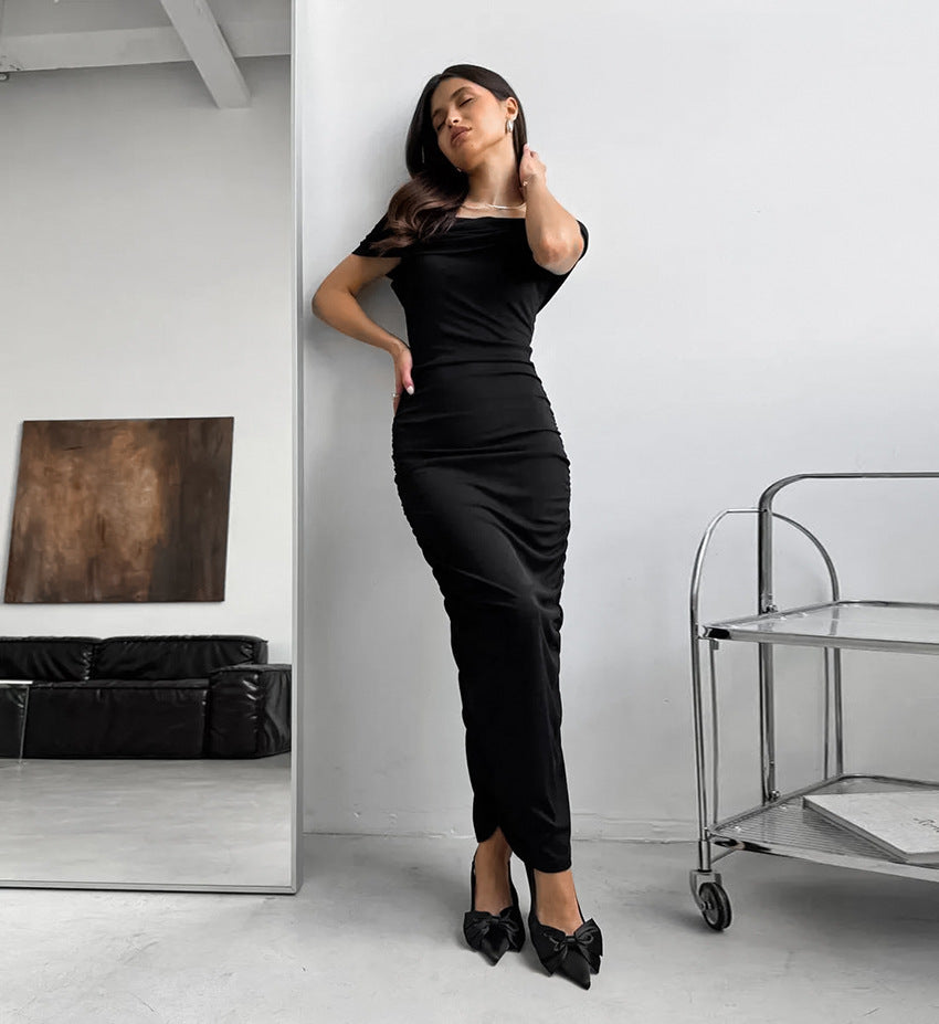 Women Off Shoulder Tube Top Long Slim Fit Dress with Warm Dralon Fabric | noémi