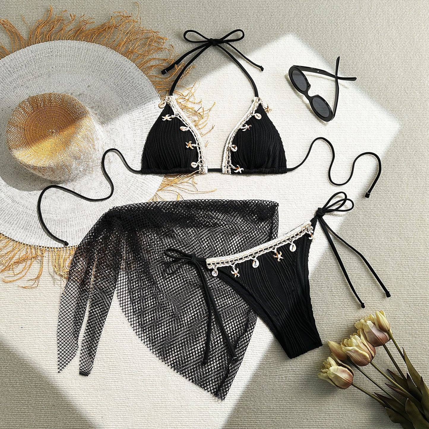 Three Piece Bikini Set with Starfish Tassel Yarn Skirt | noémi