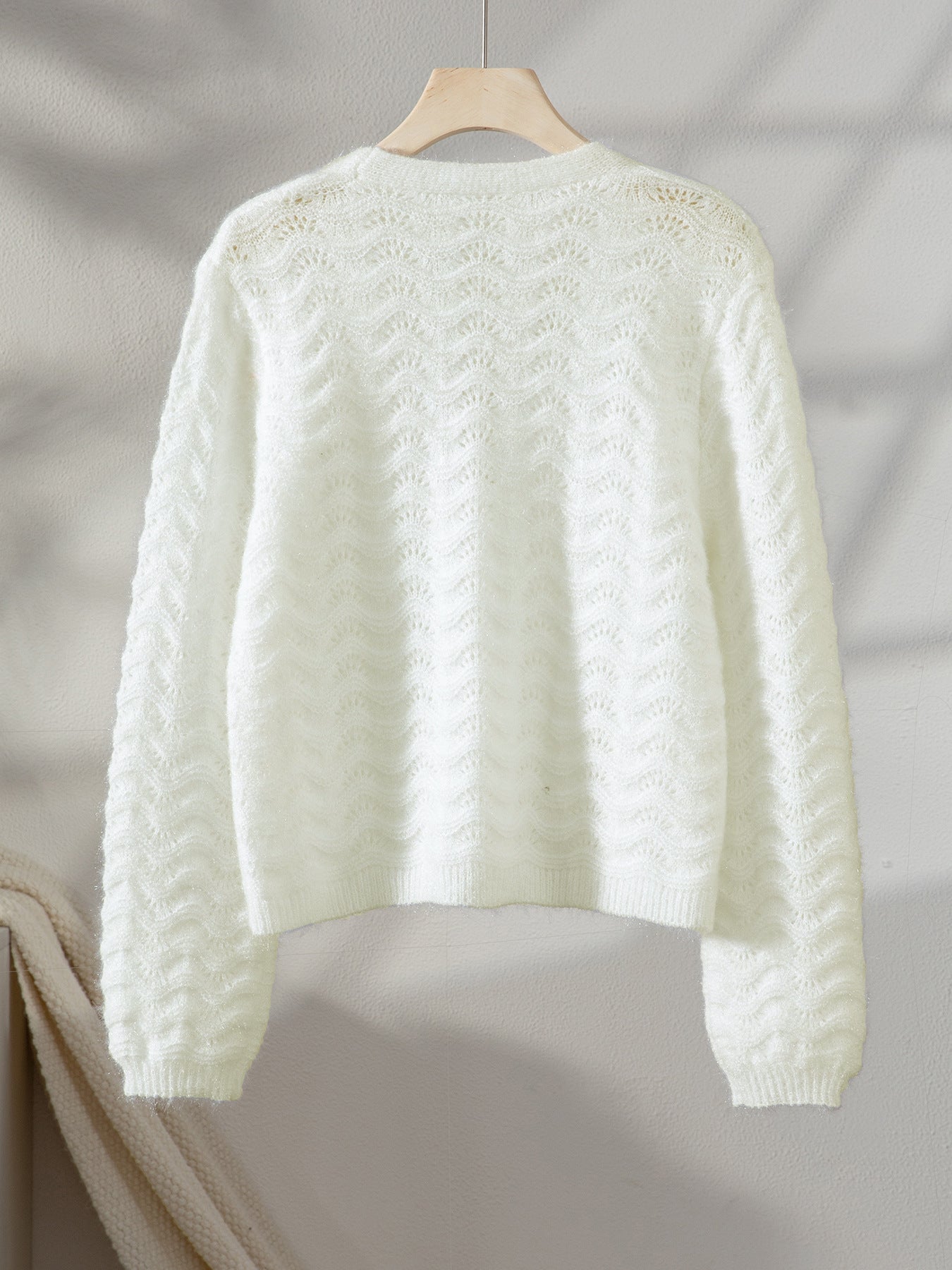 White V Neck Knit Sweater | Cropped Loose Fit | Long Sleeve Hollow Out | noémi