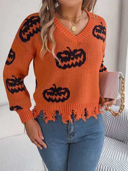 Halloween Pumpkin Sweater for Women | Cut Out Pullover with Distressed Hem | noémi