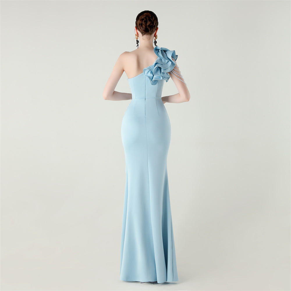One Shoulder Ruffle Dress with High Slit | Craft Beaded Floral Satin Detail | noémi