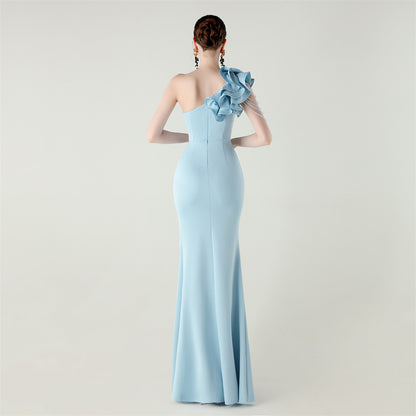 One Shoulder Ruffle Dress with High Slit | Craft Beaded Floral Satin Detail | noémi