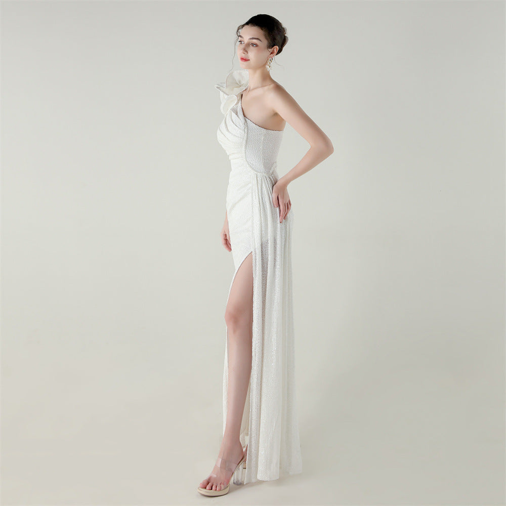 Womens One Shoulder Sequin Beaded Fishtail Gown | Floral Detail, Slim Fit | noémi