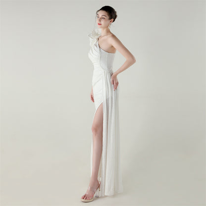 Womens One Shoulder Sequin Beaded Fishtail Gown | Floral Detail, Slim Fit | noémi