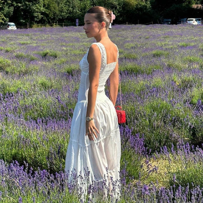 White Corset Midi Sundress | Ruffle Trim Sleeveless Dress with Smocked Back | noémi