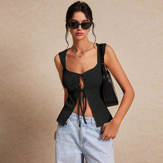 Double Tie Front Crop Top | Sleek Black Sleeveless Tank | noémi