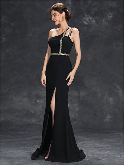 One Shoulder Slit Evening Dress | Metallic Waist Detail | noémi