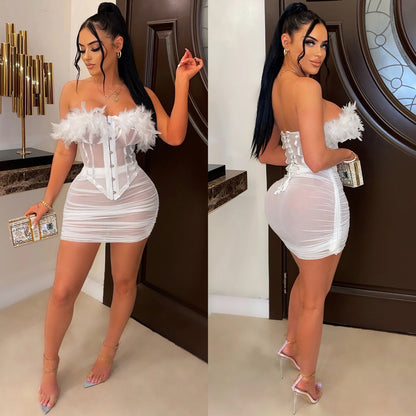 Feather Lace Mesh Vest Pleated Midi Skirt Set | Sheer Two Piece | noémi