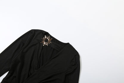 Womens Fall Deep V Neck Split Solid Color Dress | noémi