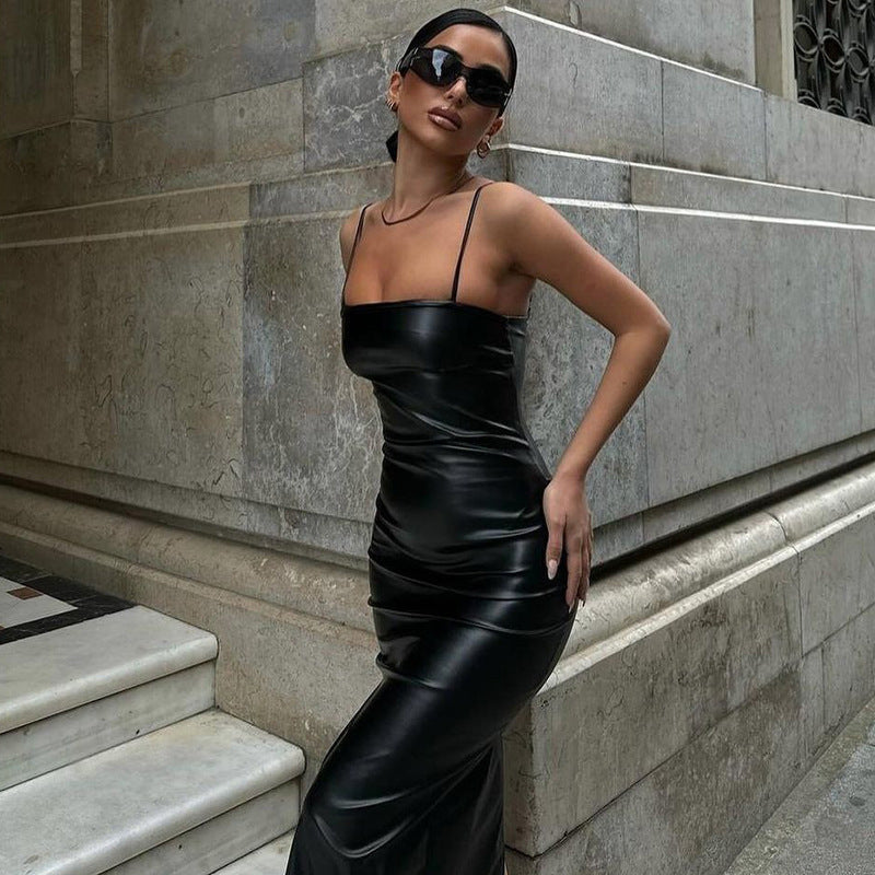 Womens Faux Leather Lace Up Backless Split Hem Sheath Dress | noémi