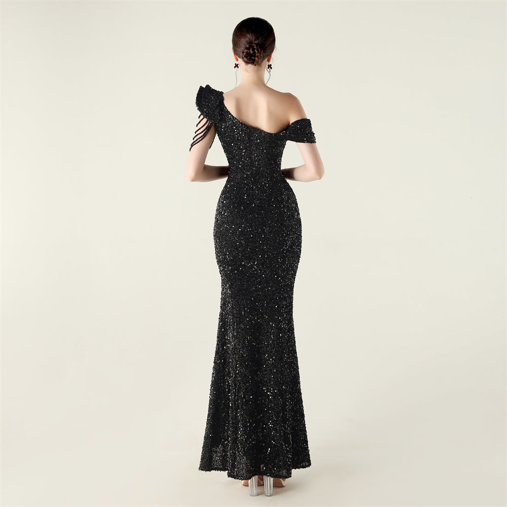One Shoulder Ruffled Sequin Gown | noémi