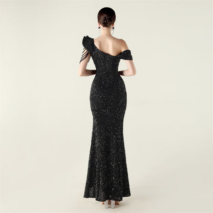 One Shoulder Ruffled Sequin Gown | noémi