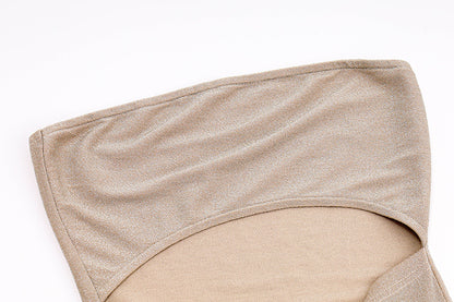 Beige Cut Out Bodycon Midi Dress | Strapless, Ruched Knot Front, High Slit | noémi