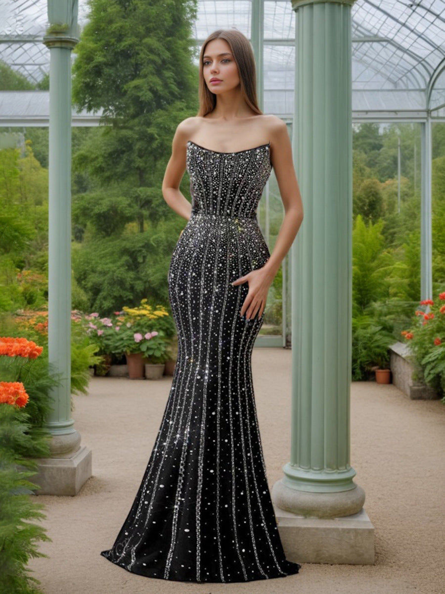 Celestia Crystal Corset Gown | Rhinestone Maxi Dress with Lace Up Back | noémi