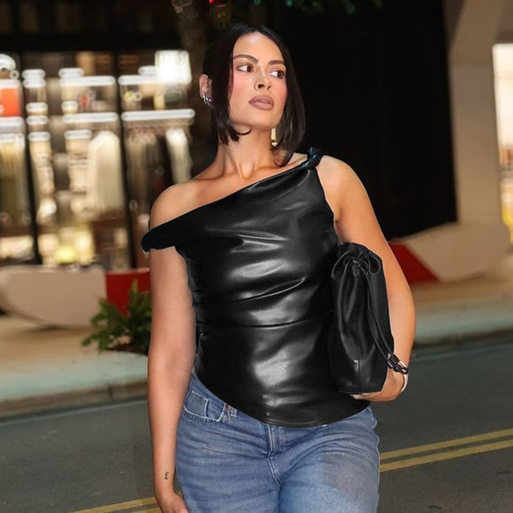 Womens Sleeveless Faux Leather One Shoulder Vest | noémi