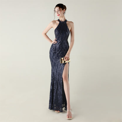 Womens Beaded Sequin Mesh Dress | Strapless Fishtail Maxi Dress | noémi