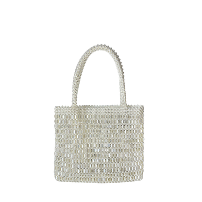 White Beaded Straw Clutch Shoulder Bag – Hand-Woven Pearl Accent | noémi
