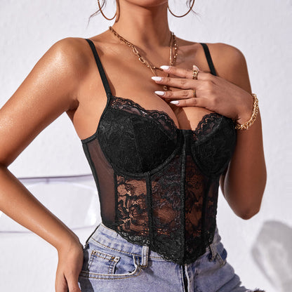 Lace Boned Corset Top for Women | Sheer Mesh Bustier with Steel Ring Support, Adjustable Straps | noémi