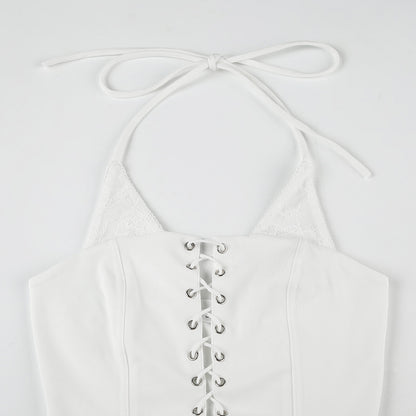 Halter Lace Cutout Bra Camisole | Faux Two Piece Hollow Out Waist Strap Top | noémi