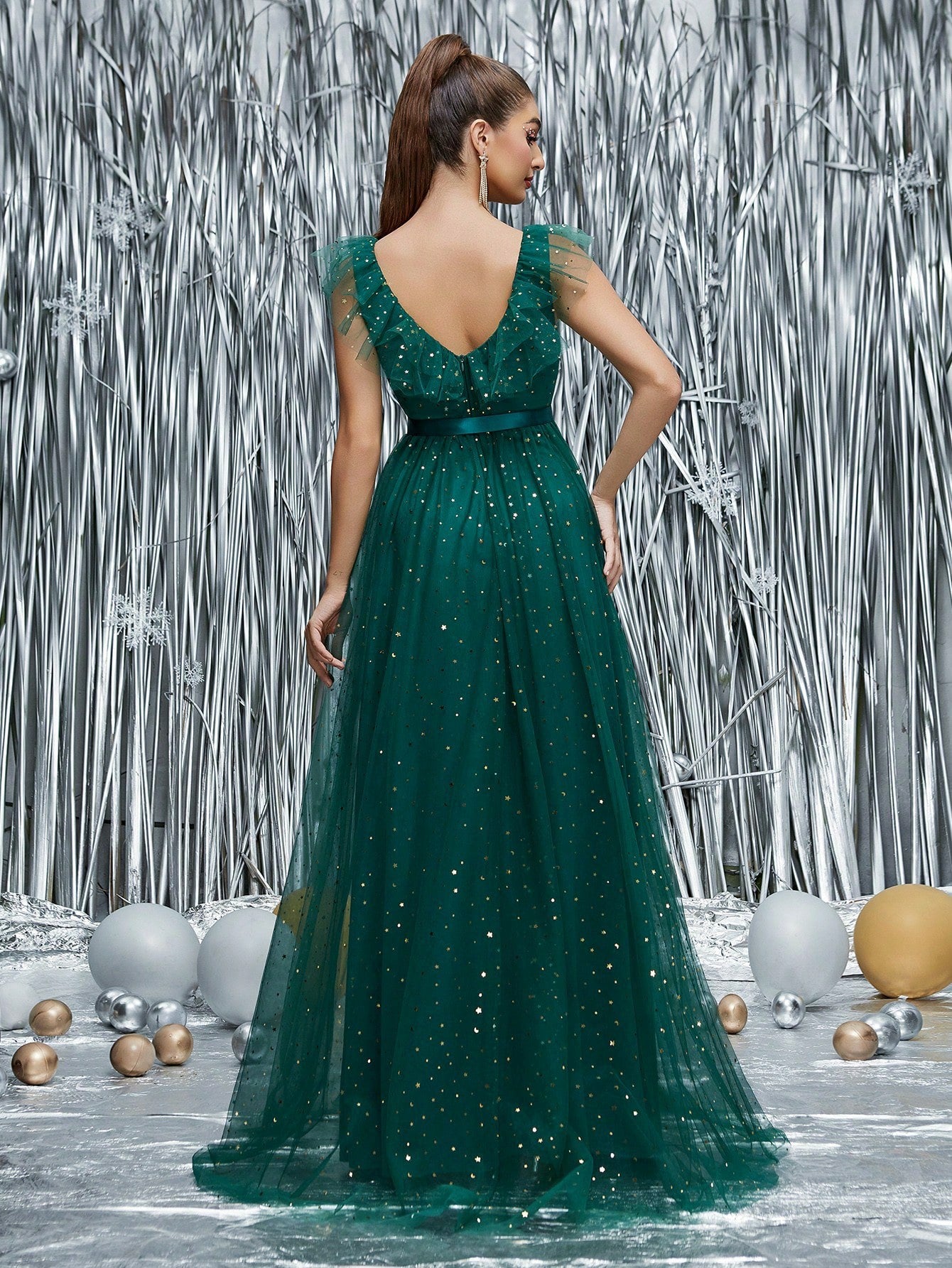 Women Dark Green Mesh Slit V Neck Gown | noémi