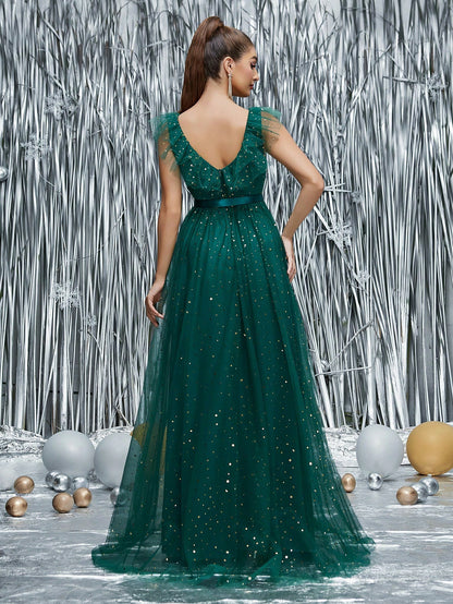 Women Dark Green Mesh Slit V Neck Gown | noémi