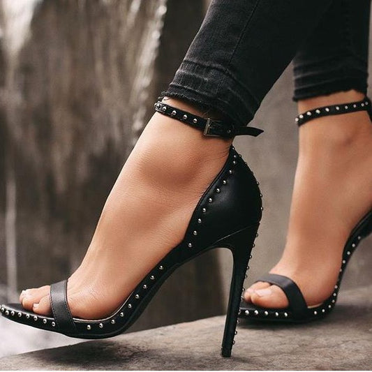 Rivet Strap Stiletto Heels | Black Sandals for Women |  noémi