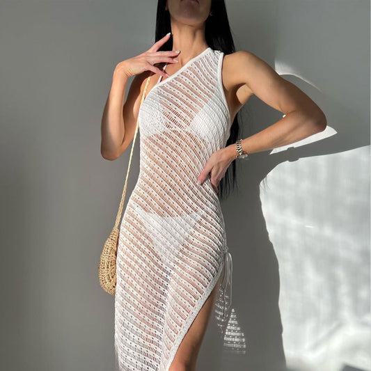 Womens Sheer Mesh Cover Up Dress | One Shoulder, Asymmetric Slit | noémi