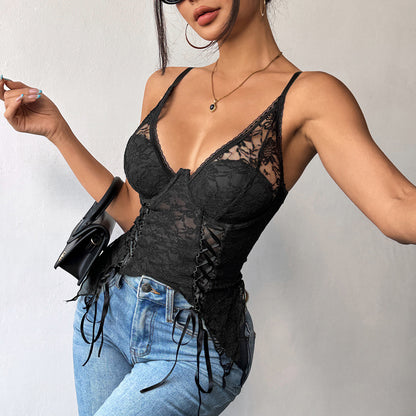 Lace Bustier Top for Women | Double Layer Shaped Strap | Deep V Neck Backless Slim Fit | noémi