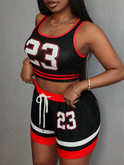 Color Contrast Printed Slim Fit Sexy Sports Vest & Drawstring Shorts Two Piece Set | noémi