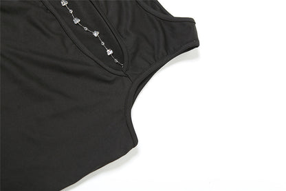 Cutout Black Sleeveless Tank Top | Bold Keyhole Detail with Rhinestone Chain | noémi