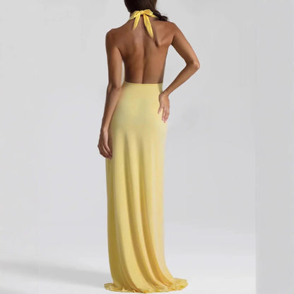 Womens Deep V Plunge Maxi Dress with Lace Up Back | noémi