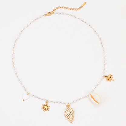Marine Charm Pearl Necklace | Gold Stainless Steel Conch & Shell Pendant Choker | noémi