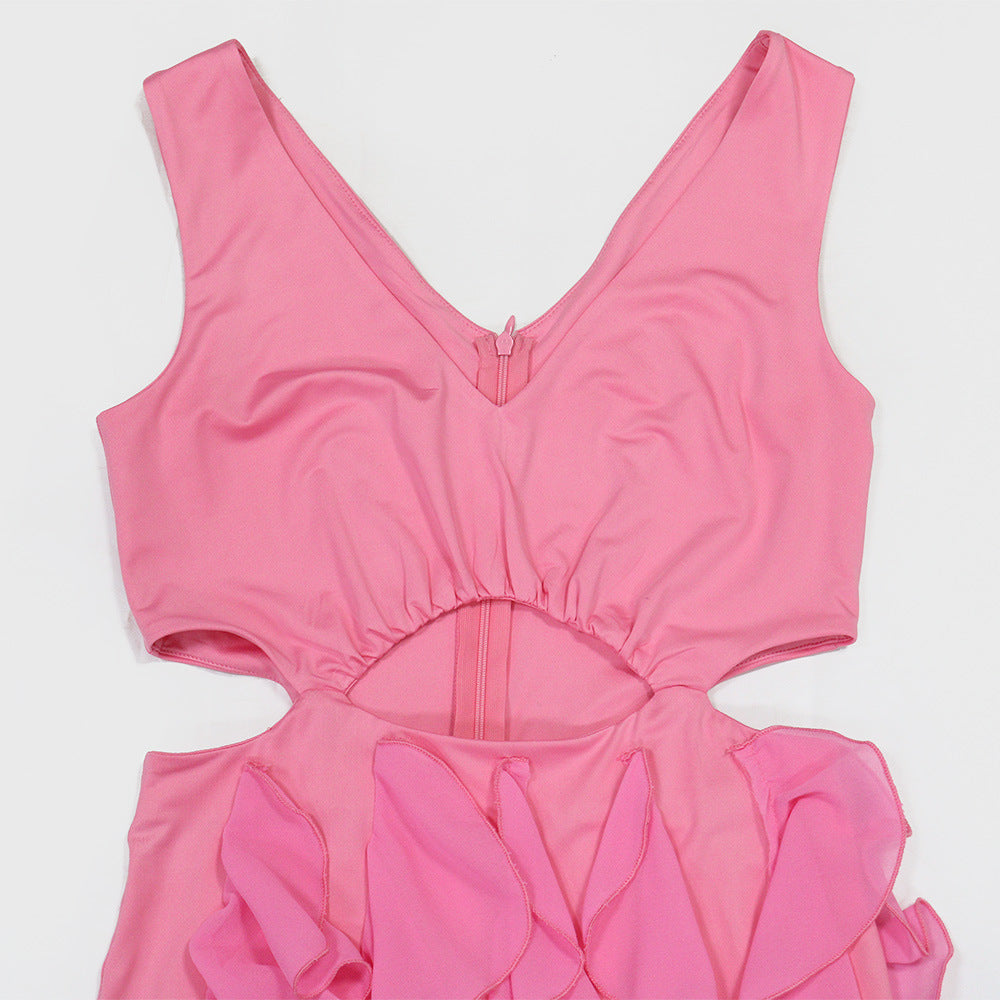 V Neck Sleeveless Cut Out Dress | Ruffled Hem Thigh High Split | noémi