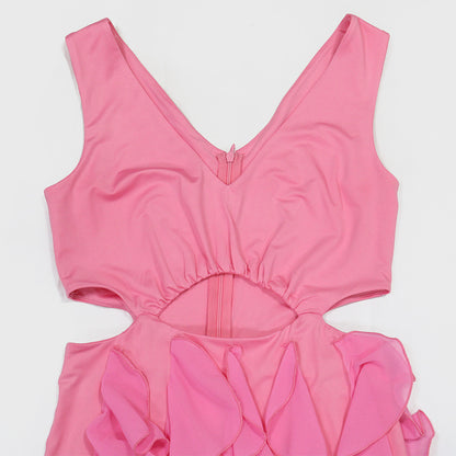 V Neck Sleeveless Cut Out Dress | Ruffled Hem Thigh High Split | noémi