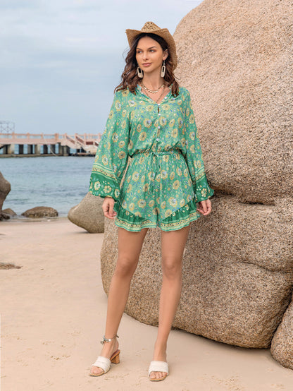 Boho Green Floral Long Sleeve Beach Romper | Lightweight | noémi