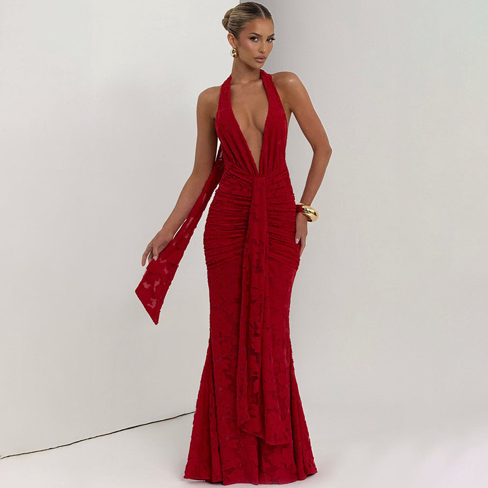 Womens Lace Pleated Maxi Dress with Deep V Neck and Backless Sheath Design | noémi