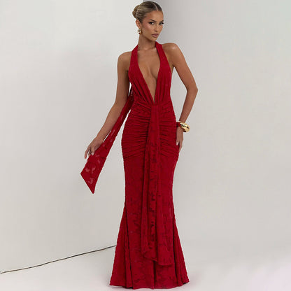 Womens Lace Pleated Maxi Dress with Deep V Neck and Backless Sheath Design | noémi