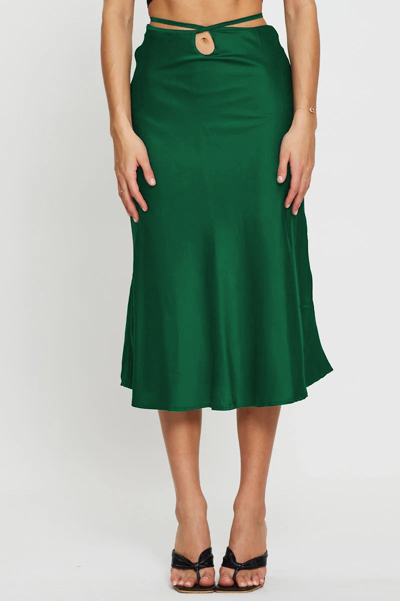 Women's Solid Color Midi Skirt | Navel Exposed Design | Lacing & Zipper Detail | noémi