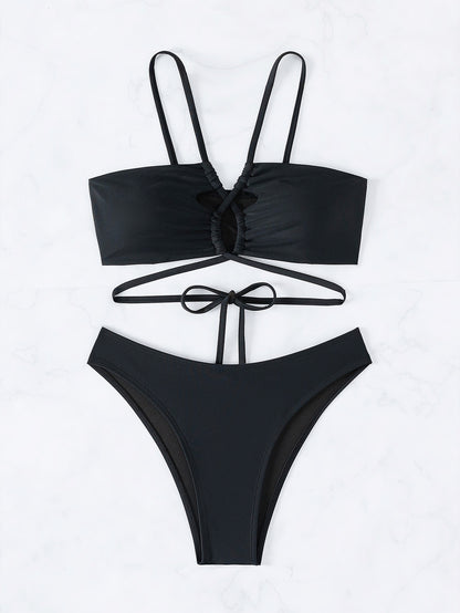 Solid Color Split Bikini with Hollow Cutout and Tie Detail | noémi