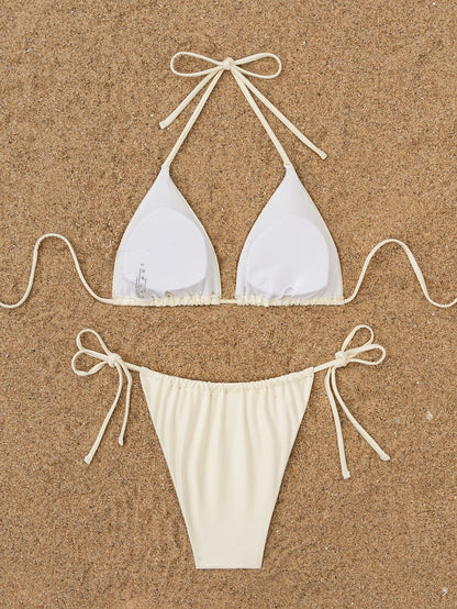 White Palm Tree Embroidered Bikini Set | Triangle Tie Top & Tie Side Bottoms | noémi